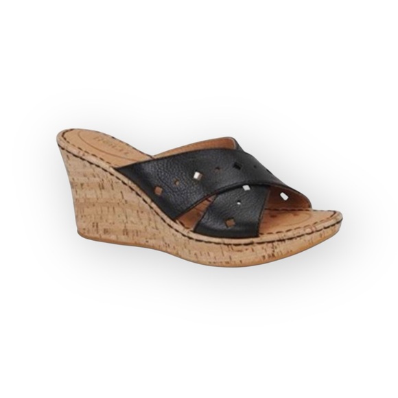 Born® 𖤐 Cross Font Laser Cut Cork Wedge Heel Sandals 𖤐 Black Leather 𖤐 6 36.5 - Picture 15 of 16